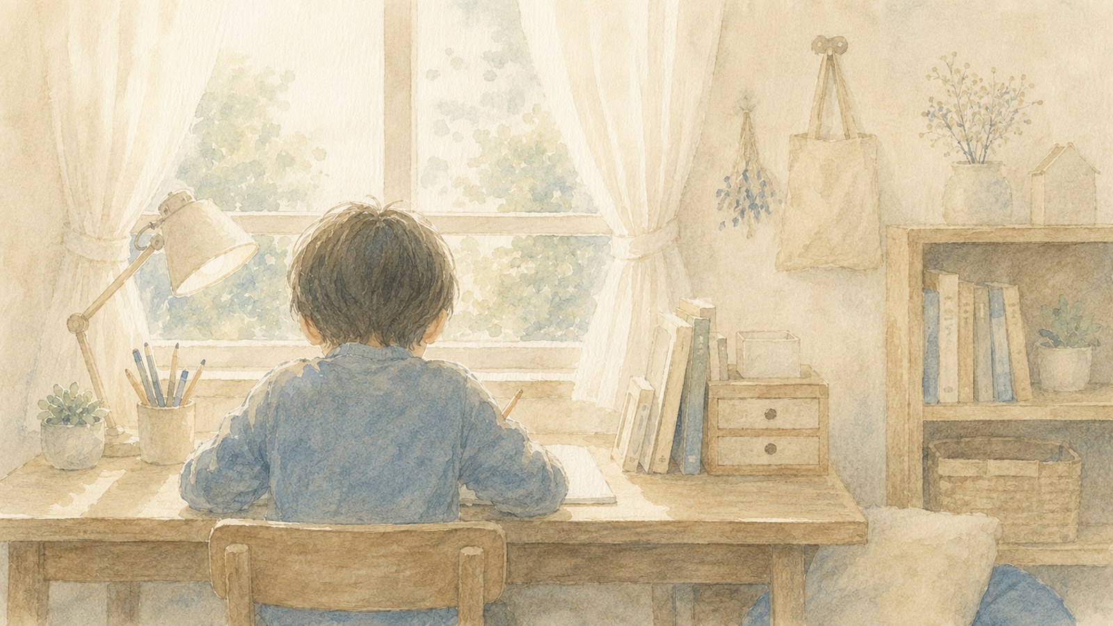 窓辺の机で学ぶ子どもの後ろ姿の水彩イラスト