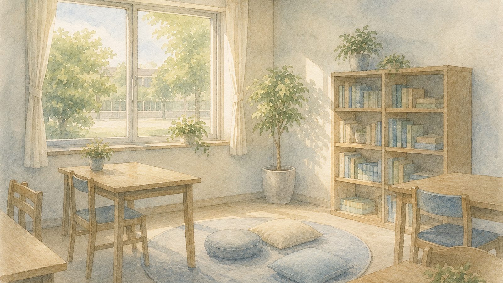 学校の中にある小さな別室の水彩イラスト。窓の外に校庭の緑が見え、木の机と椅子、本棚、床に丸いラグとクッションが置かれている