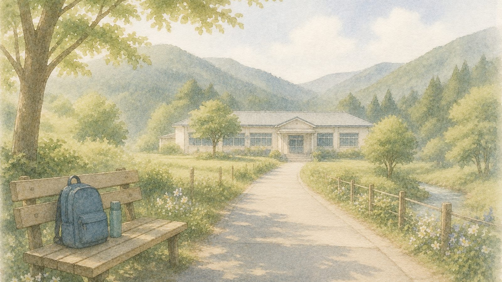 山あいの小さな学校へ続く一本道と、道ばたのベンチに置かれた通学かばんと水筒の水彩画